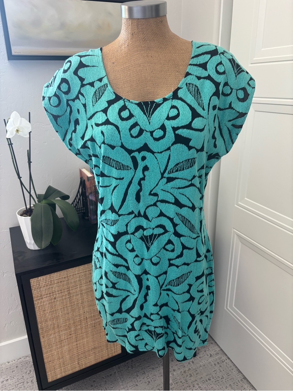 One of a kind, hand-crafted, turquoise and black dress from Oaxaca